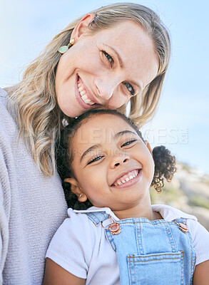 Buy stock photo Adoption, mother and girl smile, happy and bonding together on weekend break, loving and holiday. Diversity, portrait and foster mama with adopted kid love, have fun and playful for summer vacation.