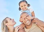 Blue sky, mom and girl on shoulders of dad in having fun outdoor in park, beach and nature. Summer, love and happy family playing with child on holiday, vacation and weekend and bonding together