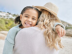 Mom, child and beach with smile, together and walking on vacation, happy and outdoor to relax. Black girl, mother and happiness for walk in summer, sand and holiday by ocean for diversity in family