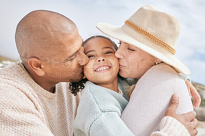 Buy stock photo Family beach, child travel and kiss with parents happy on holiday by the tropical weather on Island in Costa Rica during summer. Latino mother, father and girl with smile on vacation by the ocean