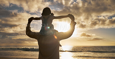 Buy stock photo Love, girl and father relax on beach during sunset summer vacation in Hawaii with silhouette, clouds and water background. Man carrying child with ocean or sea view on family vacation in nature