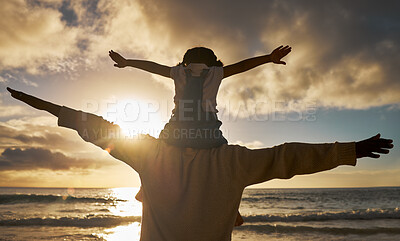 Buy stock photo Father, child and shoulders flying on the beach enjoying the sunset together for family bonding in the outdoors. Dad with kid pretend to fly on piggyback fun in nature for relationship, love and care