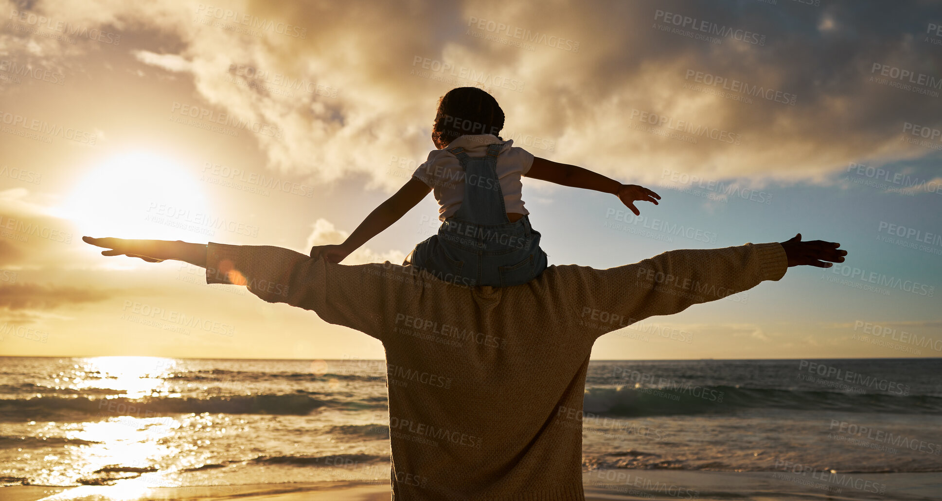 Buy stock photo Father child and shoulders flying on the beach in the sunset together for family bonding in the outdoors. Dad with kid pretend to fly on piggyback fun for relationship, love and care in nature