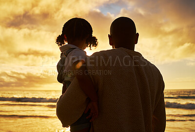 Buy stock photo Father, child and beach silhouette and sunset while on summer vacation, holiday and travel enjoying freedom, view of ocean and golden sky. Man and daughter in brazil for bonding, peace and family