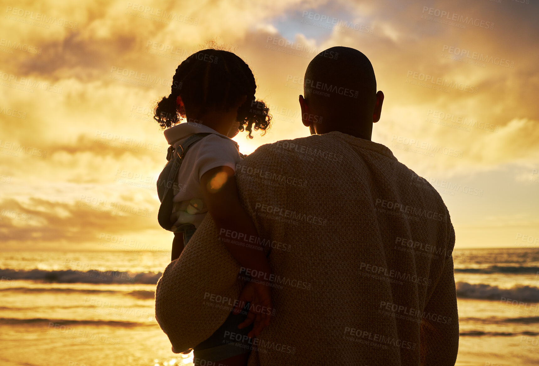 Buy stock photo Father, child and beach silhouette and sunset while on summer vacation, holiday and travel enjoying freedom, view of ocean and golden sky. Man and daughter in brazil for bonding, peace and family