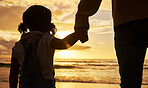 Sunset, beach and girl holding hands with father and silhouette for summer, family and vacation together. Hope, support and love with dad and child for holiday, travel and relax with ocean waves