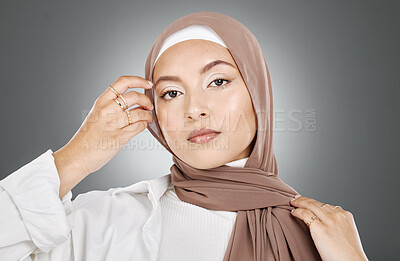 Buy stock photo Hijab, muslim and woman in beauty portrait for cosmetics, makeup or skincare with studio dark background mock up marketing or advertising. Islamic, fashion and culture arabic model face headshot