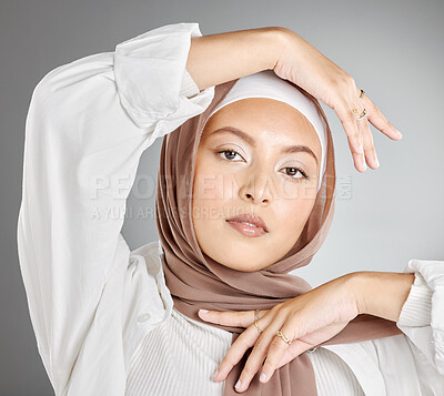 Buy stock photo Muslim, arabic and woman beauty, makeup or glowing skin, cosmetics and aesthetic wellness on studio background. Portrait islamic religion, brown hijab fashion or face headshot of Saudi Arabia culture