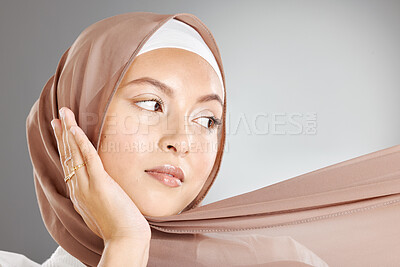 Buy stock photo Face, makeup and beauty cosmetics of muslim woman isolated against gray studio background. Skincare, spa facial or female model from Turkey with glowing, beautiful flawless skin and traditional hijab