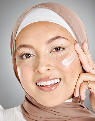 Buy stock photo Skincare cream, hijab and muslim woman with a smile using beauty lotion and skin moisturizer. Portrait of a happy face of a person from Iran using a cosmetic serum for anti aging and wellness 