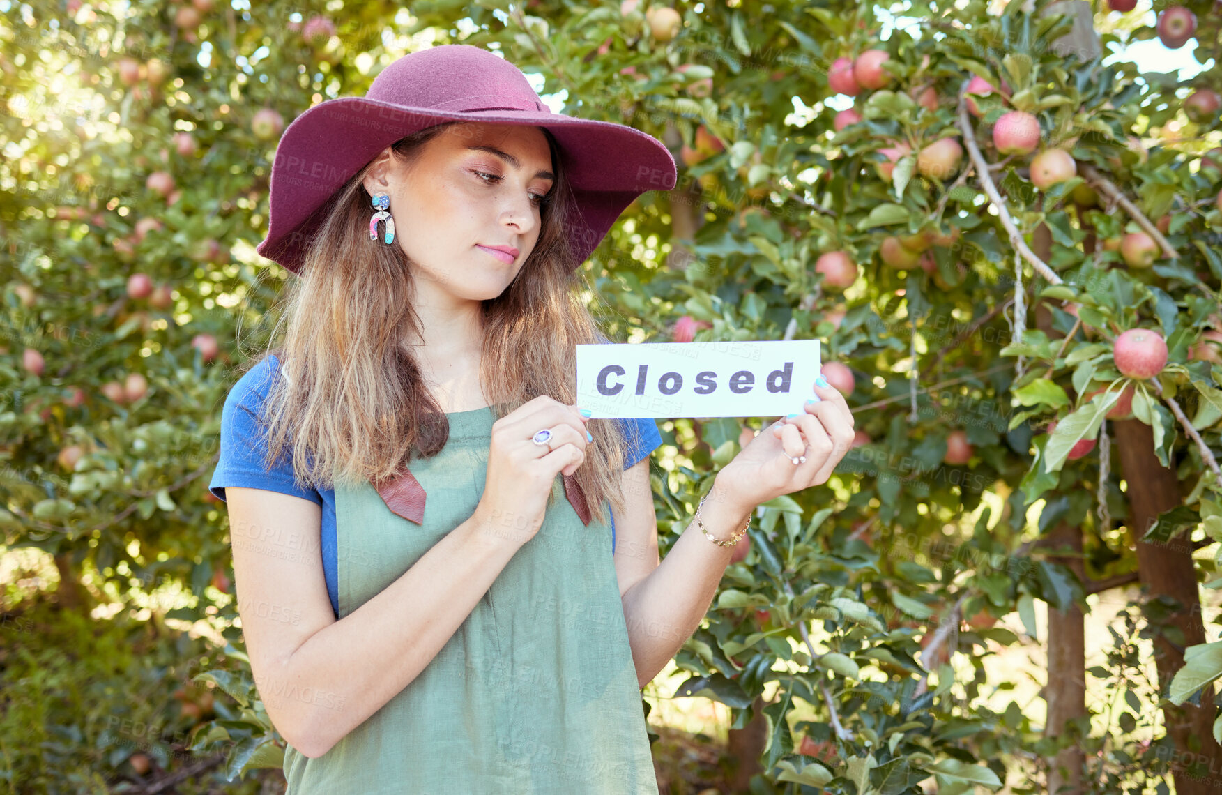 Buy stock photo Woman farmer, closed sign and apple farm, agriculture worker and sustainability business. Farming employee with icon or board for advertising end of fruit garden collection season or work day outdoor