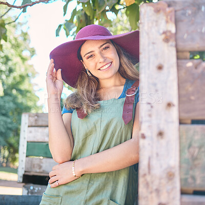 Buy stock photo Countryside, farming trees and farmer woman for agriculture, sustainability and summer harvest lifestyle with portrait. Supplier, seller or business owner with fruit tree for food production industry