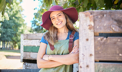 Buy stock photo Countryside, trees and farmer woman with sustainability, healthy and agriculture lifestyle in food production industry. Supplier, business owner or seller commercial portrait in apple farming harvest