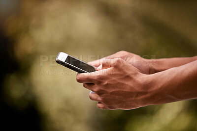 Buy stock photo Man hands, park and typing phone on mobile app, social media and digital iot connection outdoors. Closeup smartphone internet website, social network communication and 5g cellphone technology online