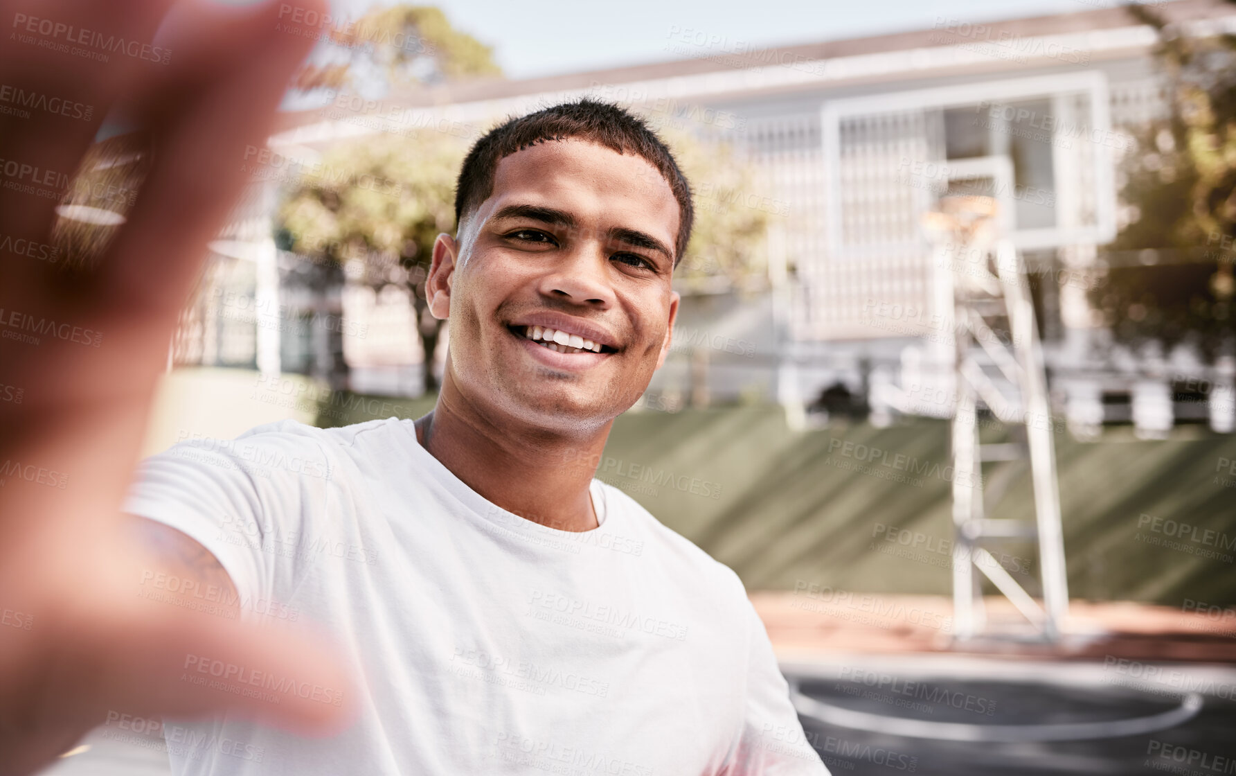 Buy stock photo Sports, basketball player, and selfie on court with smile and pride for university scholarship for basketball. Fitness, health and a young black man with smile on basketball court taking photograph.