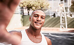 Sports, smile and man taking a selfie on a basketball court after fitness training, cardio exercise and workout. Smile, portrait and happy black man taking pictures or photo outdoors in Chicago, USA