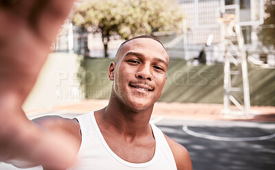 Buy stock photo Sports, smile and man taking a selfie on a basketball court after fitness training, cardio exercise and workout. Smile, portrait and happy black man taking pictures or photo outdoors in Chicago, USA