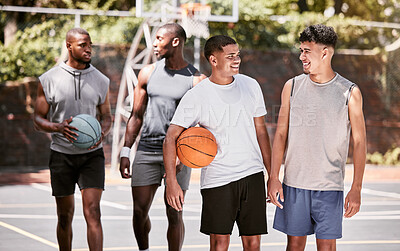 Buy stock photo Basketball, team and sports friends walking relax after game, competition or training practice for athlete health, fitness or exercise. Basketball court workout, sport or happy group of people talk