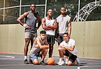 Basketball player, group and team in portrait on basketball court for game, sports and teamwork. Black man, friends and students for sport together at team building, fitness and exercise at college
