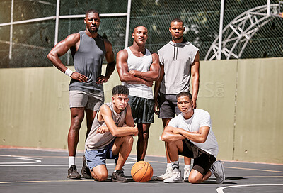 Buy stock photo Basketball player, group and team in portrait on basketball court for game, sports and teamwork. Black man, friends and students for sport together at team building, fitness and exercise at college