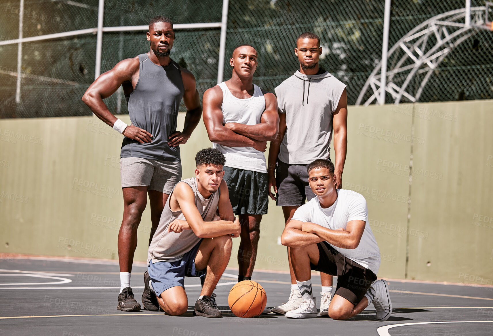 Buy stock photo Basketball player, group and team in portrait on basketball court for game, sports and teamwork. Black man, friends and students for sport together at team building, fitness and exercise at college