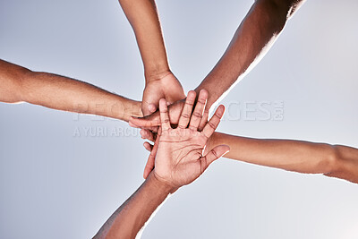 Buy stock photo Hands, teamwork or fitness friends with support for motivation, collaboration or team building sports event. Diversity, trust or soccer player hand for partnership, trust or football community goal