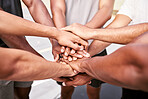 Men hand, teamwork and fitness support for athlete motivation, collaboration and goals. Zoom in sports friends connect, celebration and trust in solidarity, community partnership and achievement