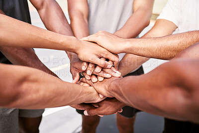 Buy stock photo Men hand, teamwork and fitness support for athlete motivation, collaboration and goals. Zoom in sports friends connect, celebration and trust in solidarity, community partnership and achievement