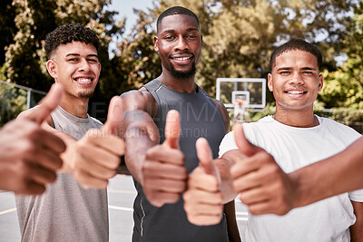 Buy stock photo Thumbs up, sport teamwork and success hand sign of black people on a basketball court. Happy, winner and smile of a basketball, sports and training team gesture with motivation and game support