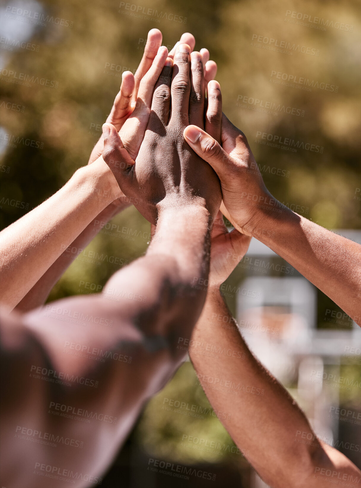 Buy stock photo Team, basketball and hands doing high five after success, winning and goal in sports game. Diversity, teamwork and celebration in training, practice and match, motivation to win on basketball court