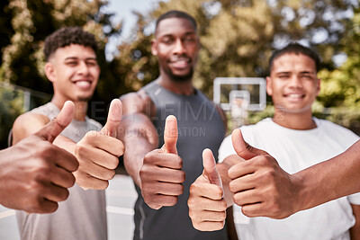 Buy stock photo Basketball player, thumbs up and sports teamwork support, winner success and motivation of goals, trust or celebration. Basketball court, hands and thumb up collaboration of happy friends achievement