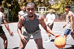 Basketball player, team sports and motivation, focus and power for competition, game or training with community friends. Portrait of black man, group of people and neighborhood club basketball court