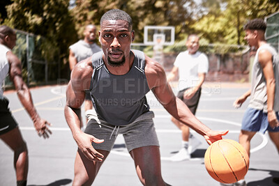Buy stock photo Basketball player, team sports and motivation, focus and power for competition, game or training with community friends. Portrait of black man, group of people and neighborhood club basketball court