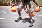 Basketball, man and speed with double exposure on a sport court while training, practice or workout for a game. Athlete exercise with ball working on skill, technique and fitness for sports match