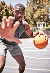 Portrait, sport and basketball black man on court in training, practice or game. Health, exercise and workout male athlete showing off skills, exercise for sports competition or tournament outdoor