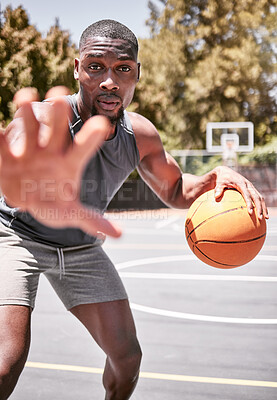 Buy stock photo Portrait, sport and basketball black man on court in training, practice or game. Health, exercise and workout male athlete showing off skills, exercise for sports competition or tournament outdoor