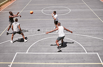 Buy stock photo Fitness, sports and friends training on a basketball court with cardio exercise or workout in summer outdoors in Detroit. Healthy, action and young basketball players playing a game or practice match
