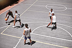Basketball court, fitness men or competition game in workout, training or exercise in New York for health, wellness or fitness. Men, basketball player or energy sports people or friends in team match