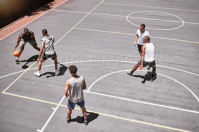 Buy stock photo Basketball court, fitness men or competition game in workout, training or exercise in New York for health, wellness or fitness. Men, basketball player or energy sports people or friends in team match