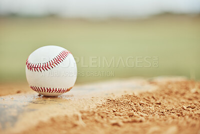 Buy stock photo Baseball closeup, field and sports training outdoors for fitness, sport health and competition game. Athletic exercise equipment, softball motivation and match or baseball field bokeh background 