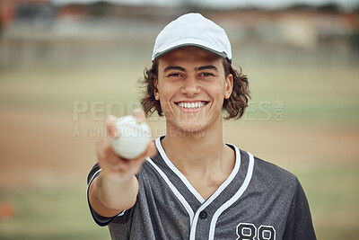 Buy stock photo Happy baseball player, smile on face and portrait of proud smiling young man in baseball uniform with ball in hand. Sports, happiness and motivation for sport fitness, athlete success in winning game