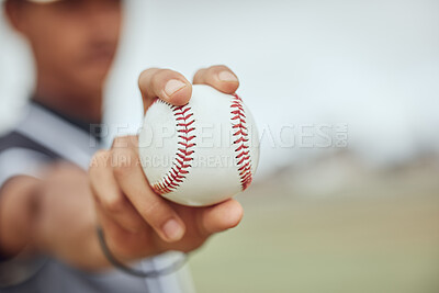 Buy stock photo Baseball, hands and sports man with ball for exercise game, competition training or practice match. Softball motivation, winner mindset and field baseball player or athlete focus on fitness workout