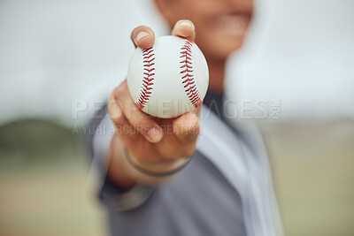 Buy stock photo Athlete with baseball in hand, man holding ball on outdoor sports field or pitch in New York stadium. American baseball player's catch, exercise fitness with homerun or retro sport bokeh background