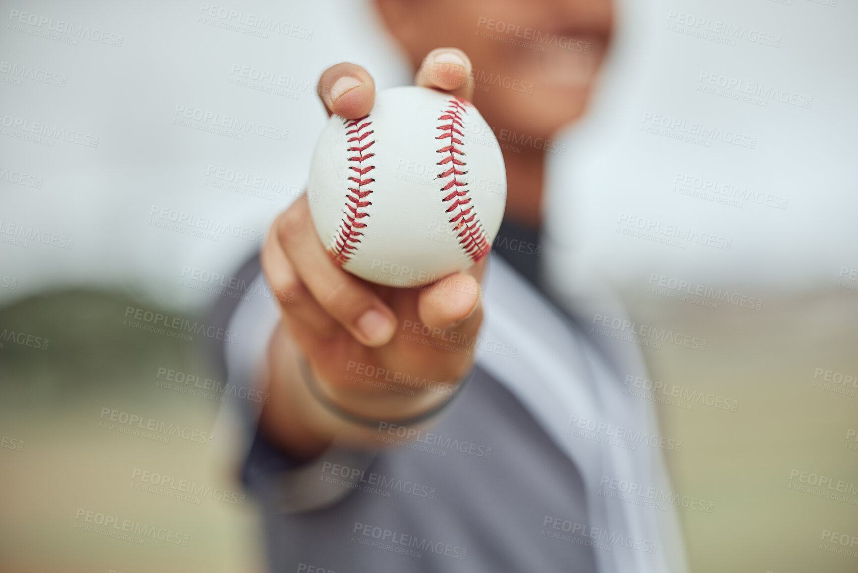 Buy stock photo Athlete with baseball in hand, man holding ball on outdoor sports field or pitch in New York stadium. American baseball player's catch, exercise fitness with homerun or retro sport bokeh background