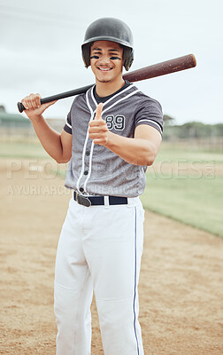 Buy stock photo Baseball player, thumbs up and success for sports game on stadium pitch, field and arena for competition match. Portrait, smile and happy softball man with baseball bat, fitness helmet or winner hand