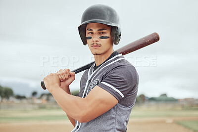 Buy stock photo Man, baseball player and sports bat for game, match or training on the pitch in the outdoors. Professional male in baseball for competitive sport ready to play ball for fitness, exercise or workout