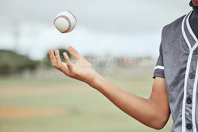 Buy stock photo Baseball, hand and athlete holding a ball on an outdoor field for a match or sports training. Softball, sport and man playing with equipment for exercise before a game or practice on pitch at stadium