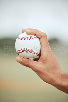 Buy stock photo Baseball player, hands and ball pitcher, sports goals and skill in competition games, action and outdoor training. Softball athlete holding catch, fitness and practice on field, stadium and equipment