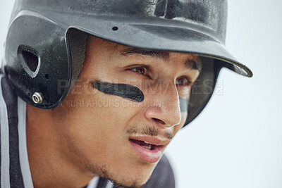 Buy stock photo Face, sweating or tired baseball player in fitness, workout or training on grass field, pitch or Mexico sports stadium. Zoom, man or softball player thinking of exercise game or match while exhausted