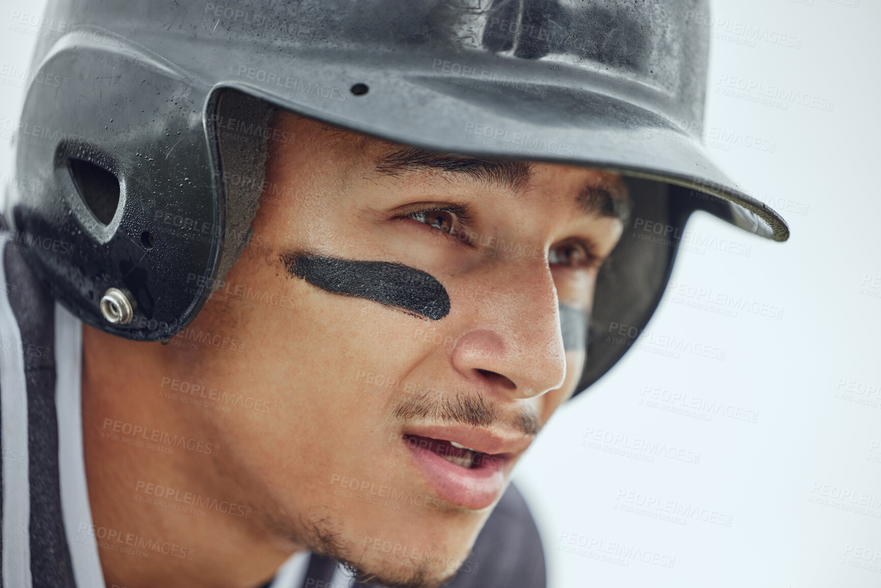 Buy stock photo Face, sweating or tired baseball player in fitness, workout or training on grass field, pitch or Mexico sports stadium. Zoom, man or softball player thinking of exercise game or match while exhausted